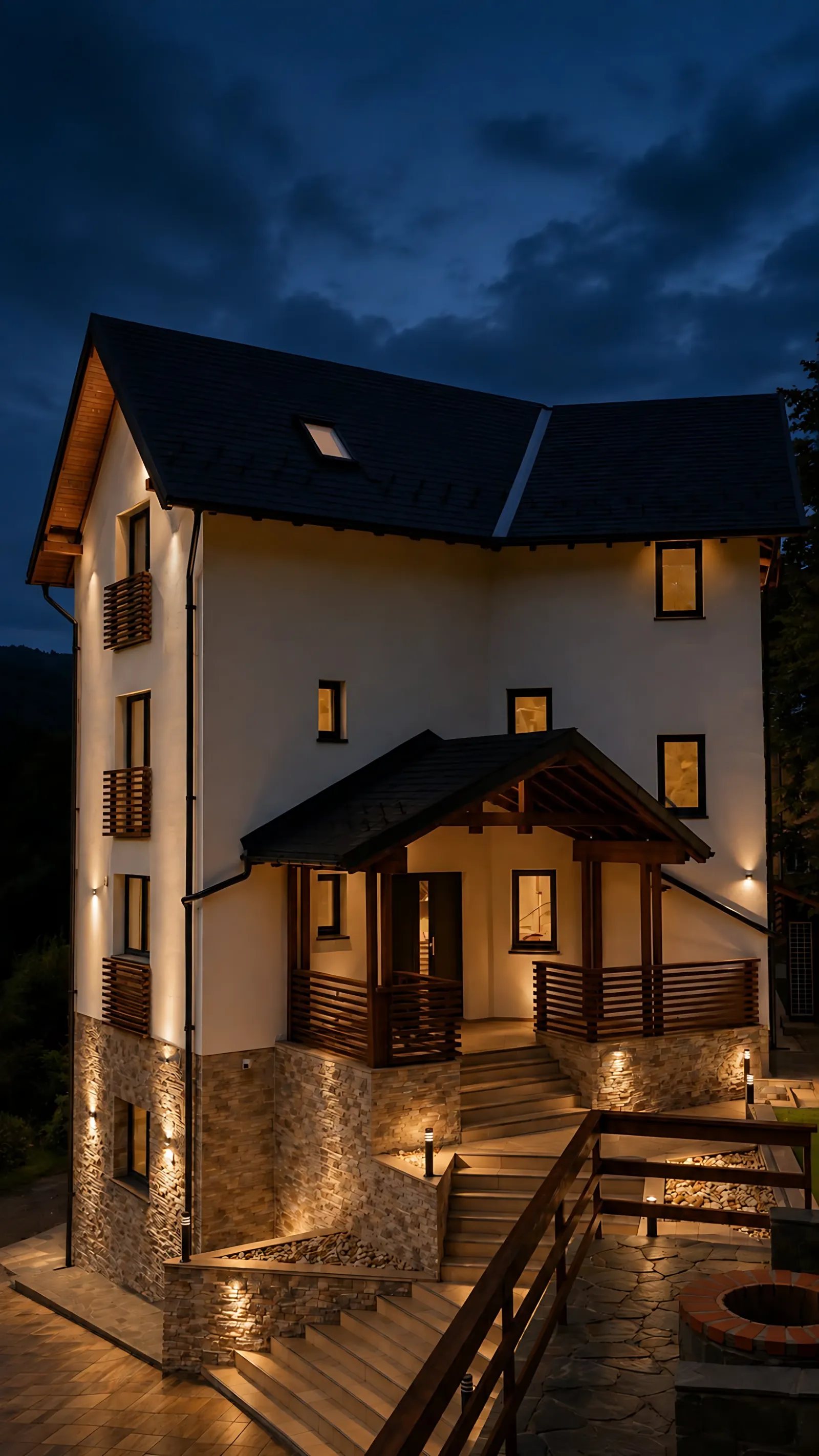 Vila Epic seara, cu fațada luminată, scări din piatră și balustrade din lemn